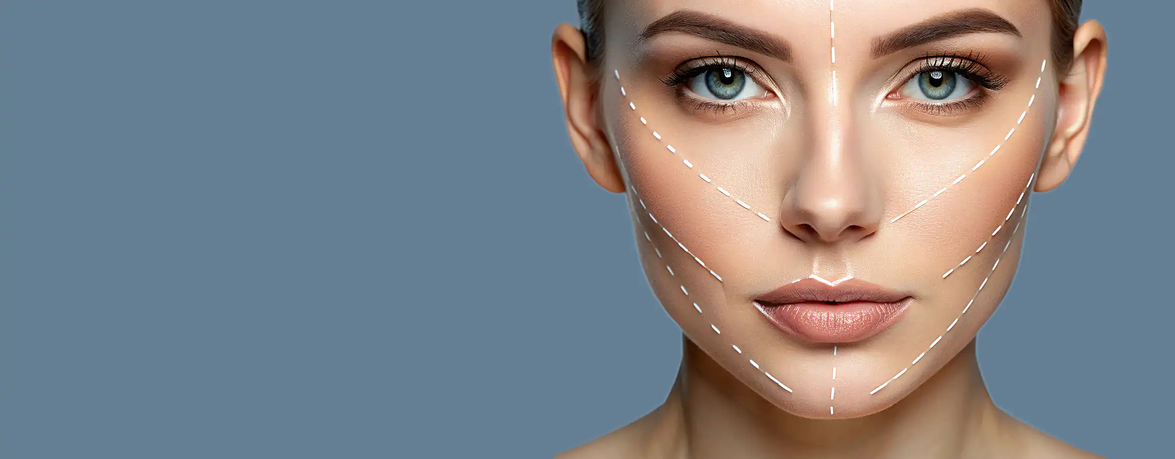 Women with markings on her face in preparation for facial aesthetics treatments.